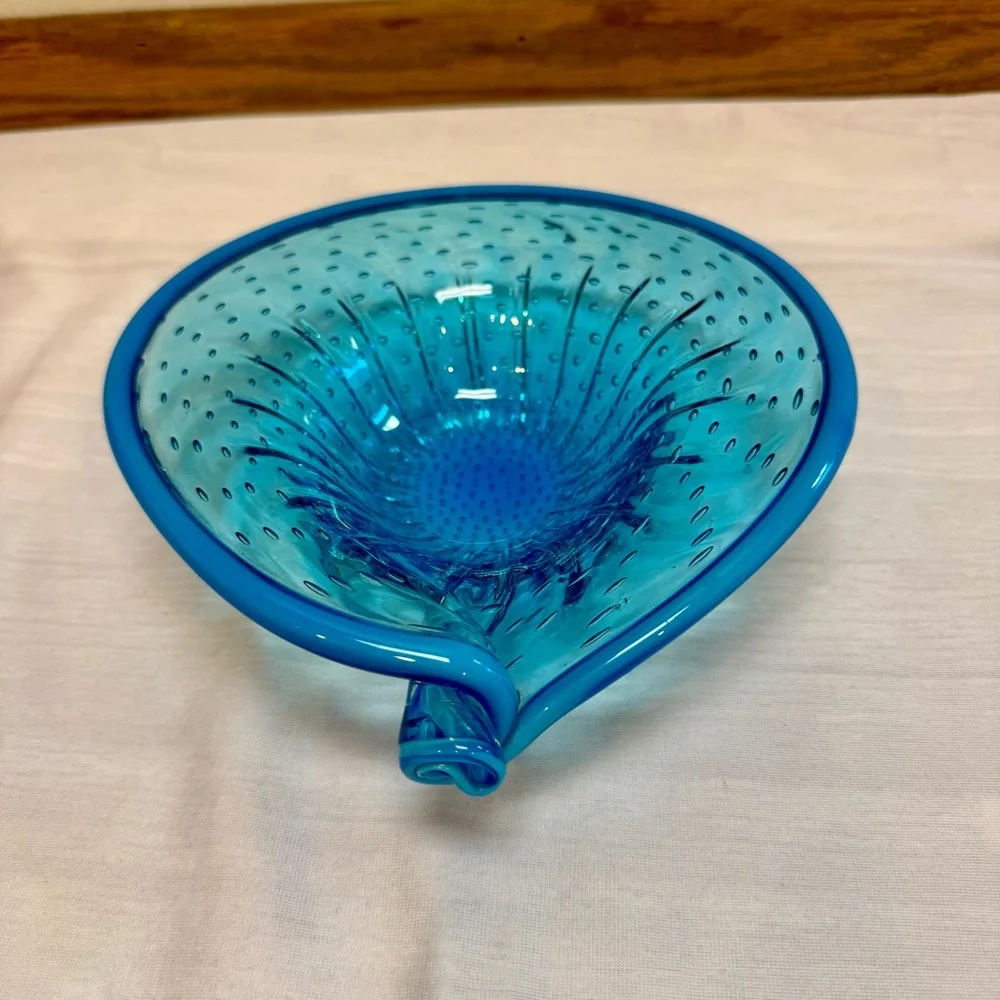 Vintage Murano Style Speckled Blue Hand Blown Art Glass Ashtray Bowl Mid Century - Picture 3 of 10